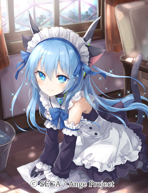 1girl ange_vierge animal_ears bare_shoulders black_gloves blue_bow blue_eyes blue_hair bow bucket bucket_of_water cat_ears chair curtains day detached_sleeves gloves indoors kneeling long_hair looking_at_viewer maid official_art omega_47_toto shamonor smile solo tail watermark window wooden_floor