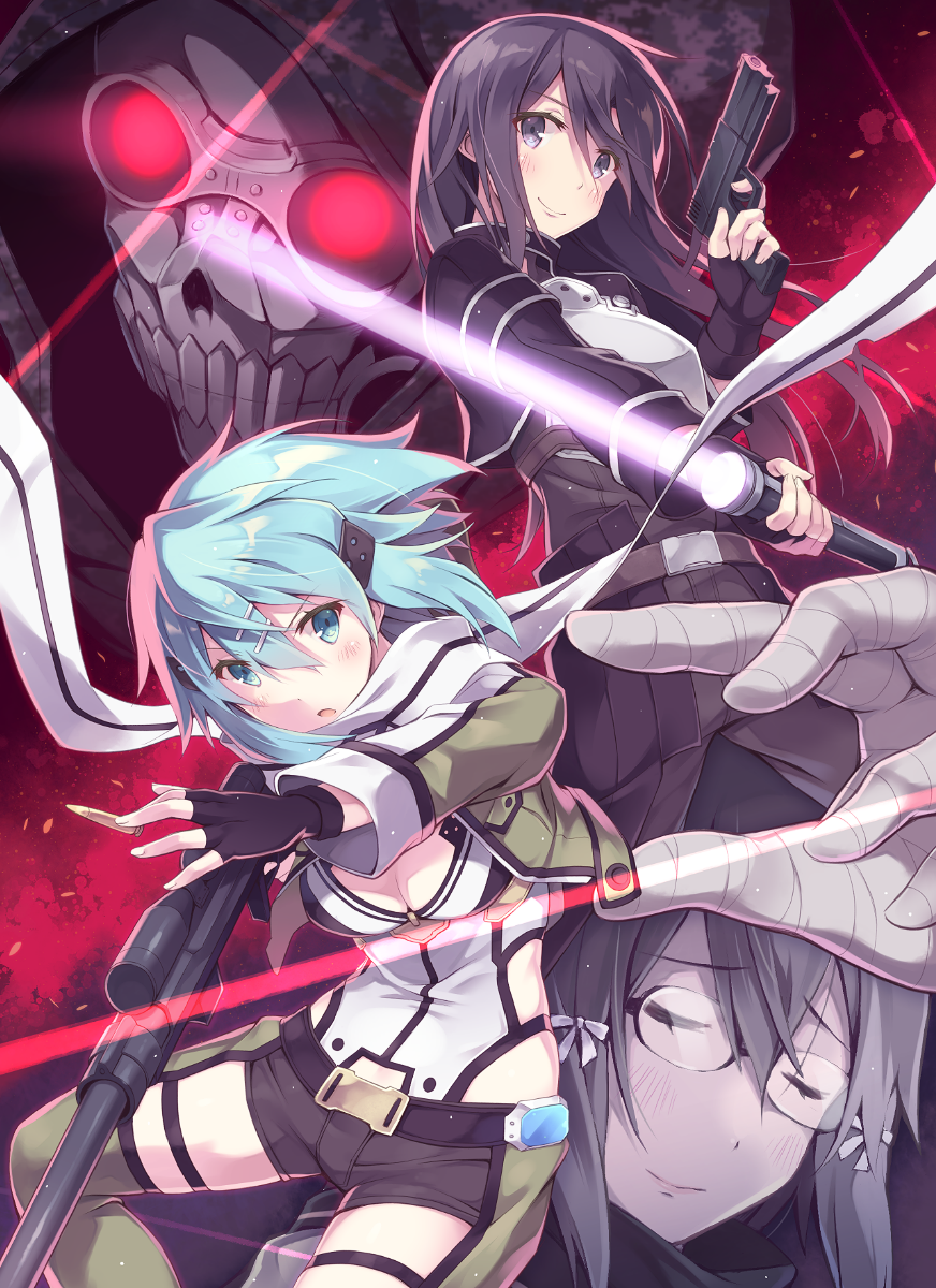 2boys 2girls androgynous asada_shino bandage beam_saber belt black_gloves black_hair black_pants black_skirt blue_eyes blue_hair blush breastplate breasts bullet cleavage closed_eyes death_gun dual_wielding eyebrows_visible_through_hair fingerless_gloves floating_hair furumiya_haiji glasses gloves green_jacket green_legwear gun hair_between_eyes hair_ornament hair_ribbon hairclip highres holding holding_gun holding_weapon hood jacket kirito_(sao-ggo) leotard long_hair looking_at_viewer medium_breasts miniskirt multiple_boys multiple_girls open_clothes open_jacket open_mouth pants pleated_skirt red_eyes ribbon rifle rimless_eyewear scarf shinon_(sao) short_hair_with_long_locks sidelocks skirt smile sword_art_online thigh-highs thigh_strap trap weapon white_ribbon white_scarf