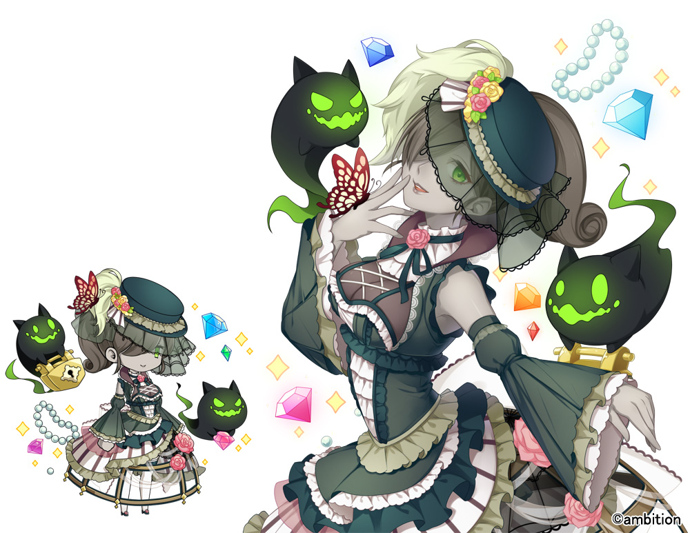 1girl aki_no_jikan arms_at_sides black_hair breasts brown_hair butterfly detached_sleeves diamond dress flower frilled_dress frills gem ghost green_eyes hair_over_one_eye hand_up hat hat_flower high_ponytail insect lipstick lock looking_at_viewer makeup maru-kichi medium_hair multiple_views necklace_removed official_art standing watermark