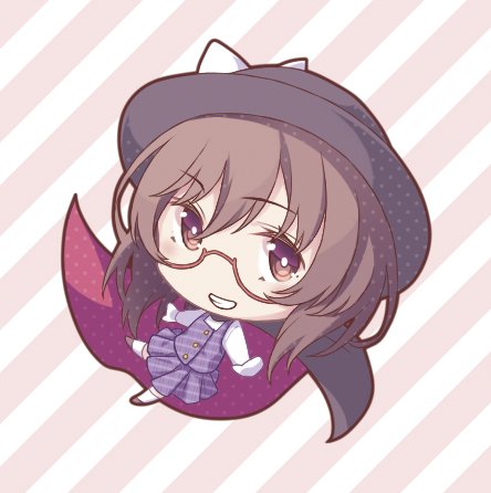 1girl black_hat bow brown-framed_eyewear brown_eyes brown_footwear brown_hair chibi commentary_request diagonal-striped_background diagonal_stripes eyebrows_visible_through_hair eyelashes fedora full_body glasses gloves grin hat hat_bow legs_apart long_sleeves looking_at_viewer lowres midorino_eni outstretched_arms plaid plaid_skirt plaid_vest pleated_skirt polka_dot purple_skirt purple_vest school_uniform semi-rimless_eyewear shirt short_hair skirt smile solo spread_arms striped striped_background touhou usami_sumireko vest white_bow white_gloves white_legwear white_shirt