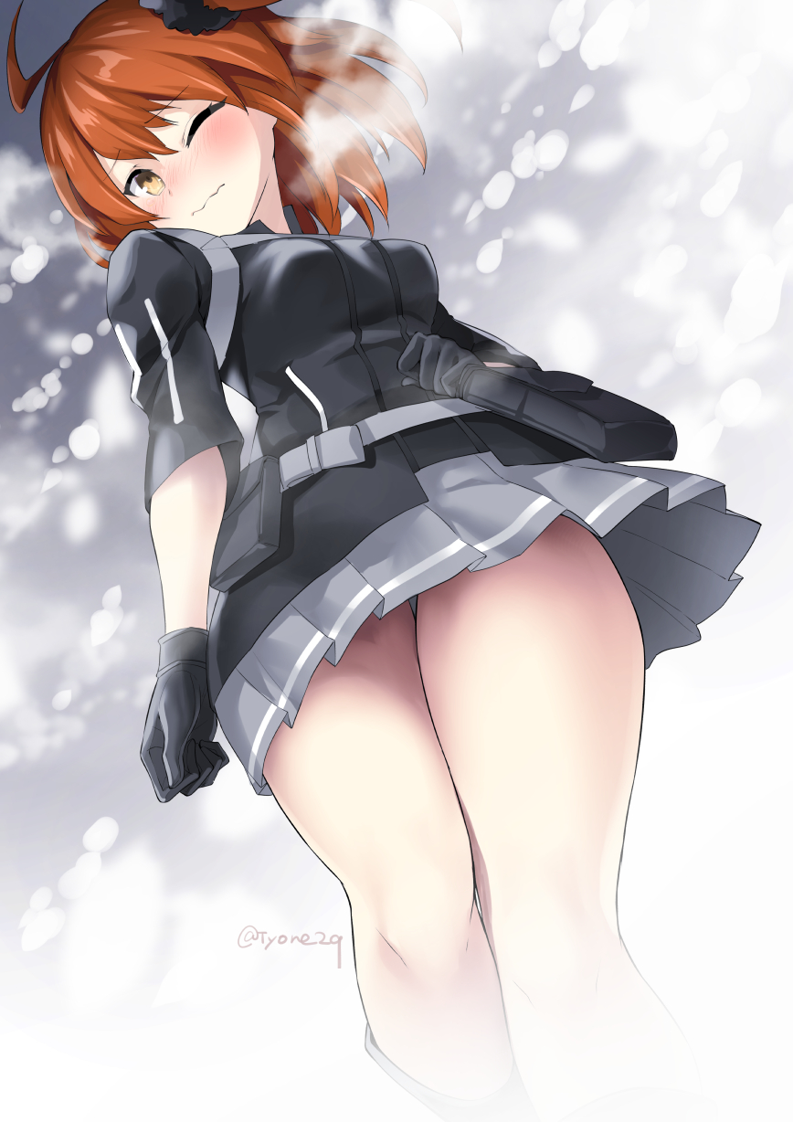 1girl bangs black_gloves black_jacket black_scrunchie blush breasts brown_eyes brown_hair closed_mouth dutch_angle eyebrows_visible_through_hair fate/grand_order fate_(series) from_below fujimaru_ritsuka_(female) gloves grey_skirt hair_between_eyes hair_ornament hair_scrunchie head_tilt highres jacket medium_breasts no_legwear nose_blush one_eye_closed pleated_skirt scrunchie short_sleeves skirt solo twitter_username tyone wavy_mouth