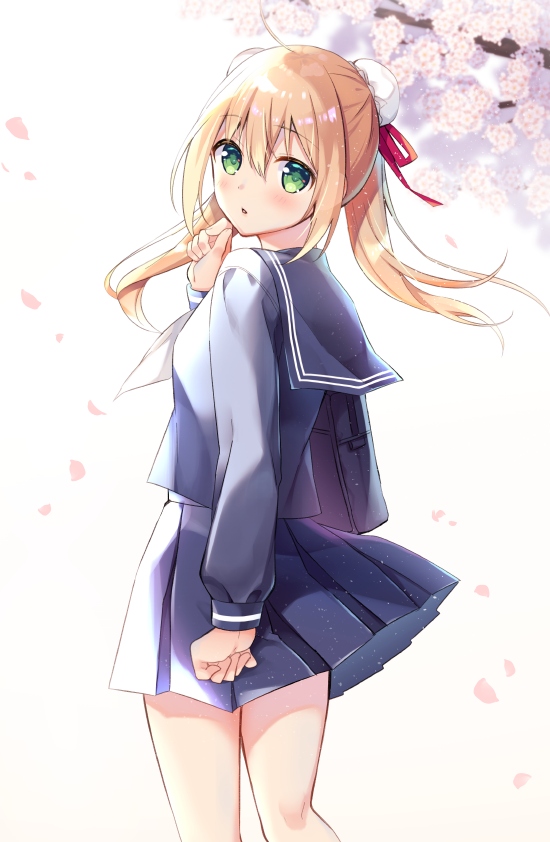 1girl bag bangs blonde_hair blue_sailor_collar blue_serafuku blue_shirt blue_skirt bun_cover cherry_blossoms commentary_request double_bun eyebrows_visible_through_hair fingernails flower green_eyes hair_between_eyes hair_ribbon hand_to_own_mouth long_hair looking_at_viewer looking_to_the_side original parted_lips petals pink_flower pleated_skirt red_ribbon ribbon sailor_collar school_bag school_uniform serafuku shirt side_bun skirt solo sumisaki_yuzuna twintails