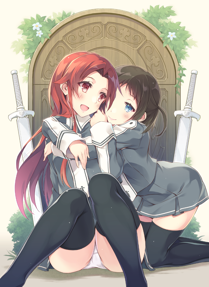 2girls black_legwear blue_eyes blush brown_hair commentary_request flower highres hug hug_from_behind itoichi. kneeling leaf long_hair looking_at_another looking_back multiple_girls open_mouth panties pantyshot pantyshot_(sitting) plant planted_sword planted_weapon red_eyes redhead ronye_arabel short_hair sitting skirt smile sword sword_art_online thigh-highs tiese_schtrinen twintails underwear uniform vines weapon white_panties