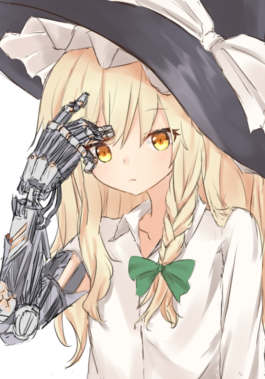 1girl blonde_hair blush braid collarbone collared_shirt cybernetic_parts cyborg frown hat highres kirisame_marisa long_hair long_sleeves looking_at_viewer marisuku mechanical_arm shirt side_braid single_braid solo touhou wire witch_hat yellow_eyes