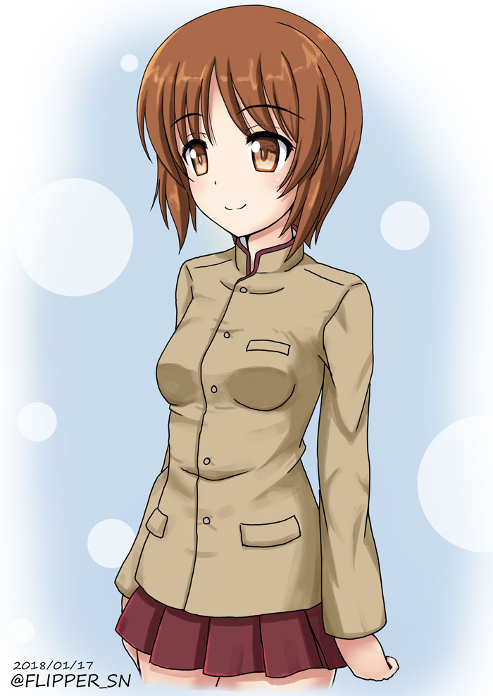 1girl alternate_costume bangs blue_background brown_eyes brown_hair brown_jacket chi-hatan_school_uniform circle closed_mouth commentary cowboy_shot dated eyebrows_visible_through_hair flipper girls_und_panzer high_collar jacket long_sleeves looking_to_the_side miniskirt nishizumi_miho pleated_skirt red_skirt short_hair skirt smile solo standing twitter_username