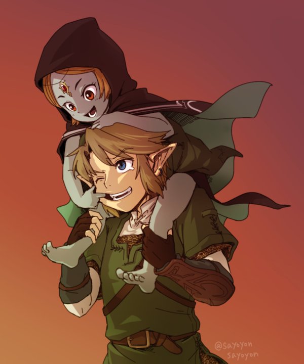 1boy 1girl blonde_hair blue_skin carrying gloves hat hood jewelry link long_hair midna midna_(true) open_mouth orange_hair piggyback pointy_ears red_eyes sayoyonsayoyo short_hair smile spoilers the_legend_of_zelda the_legend_of_zelda:_twilight_princess younger