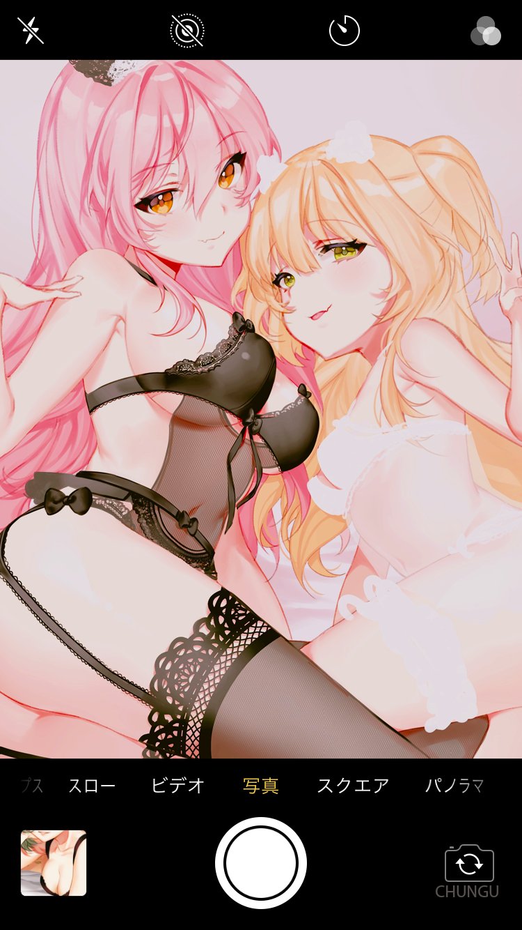 2girls blonde_hair bow bra breasts cellphone_picture chungu closed_mouth fang fang_out fishnet_legwear fishnets garter_belt green_eyes hair_between_eyes hair_bow highres idolmaster idolmaster_cinderella_girls jougasaki_mika jougasaki_rika lace lace-trimmed_bra lace-trimmed_garter_belt lace-trimmed_thighhighs large_breasts lingerie long_hair looking_at_viewer lying multiple_girls navel negligee on_side orange_eyes parted_lips pink_hair small_breasts thigh-highs translated two_side_up underwear underwear_only