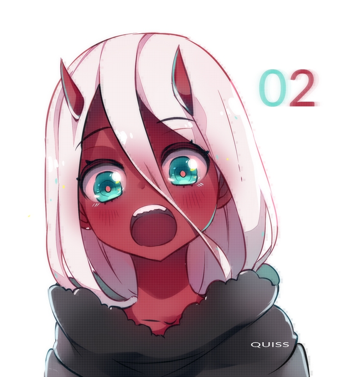 1girl aqua_eyes blush character_name child darling_in_the_franxx eyebrows_visible_through_hair fur_trim hair_between_eyes long_hair looking_at_viewer oni oni_horns open_mouth pink_hair quiss red_skin shiny shiny_hair simple_background solo spoilers tareme upper_body upper_teeth white_background younger zero_two_(darling_in_the_franxx)
