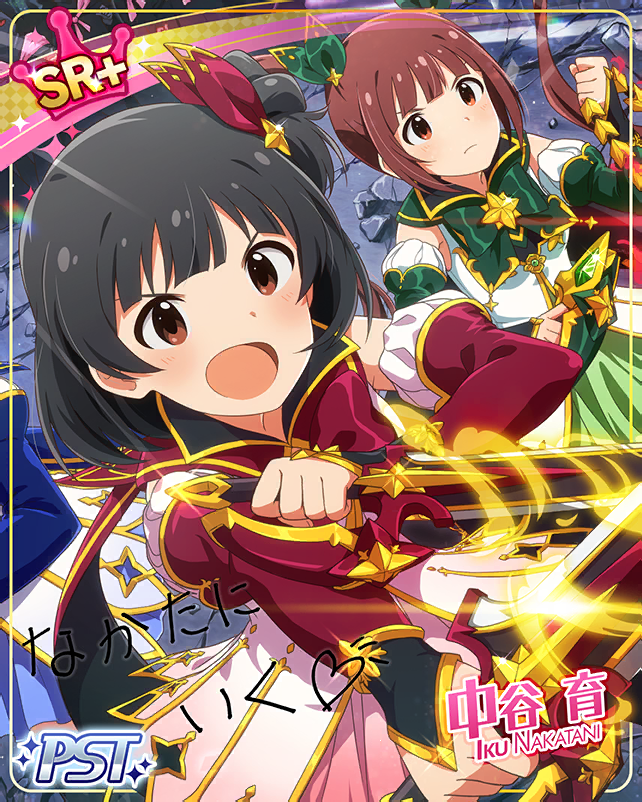 black_hair blush dress fire idolmaster idolmaster_million_live! idolmaster_million_live!_theater_days matsuda_arisa nakatani_iku red_eyes short_hair smile weapon