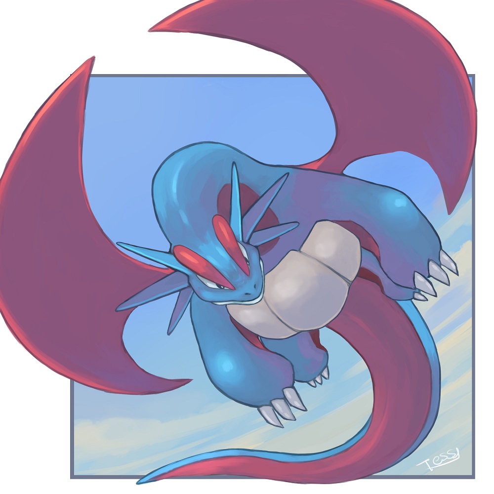 blue_eyes dragon flying gen_3_pokemon no_humans pokemon pokemon_(creature) salamence sky tesshii_(riza4828) wings