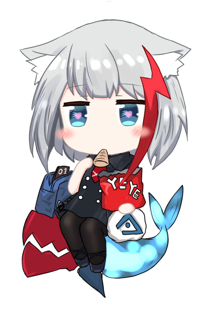 1girl admiral_graf_spee_(azur_lane) animal_ears azur_lane bag bailingxiao_jiu bangs black_dress black_footwear black_legwear blue_eyes blush cat_ears collared_dress dress eyebrows_visible_through_hair food_in_mouth heart heart-shaped_pupils holding kemonomimi_mode long_hair looking_at_viewer mouth_hold multicolored_hair necktie pantyhose red_neckwear redhead school_bag short_sleeves silver_hair sitting solo streaked_hair symbol-shaped_pupils