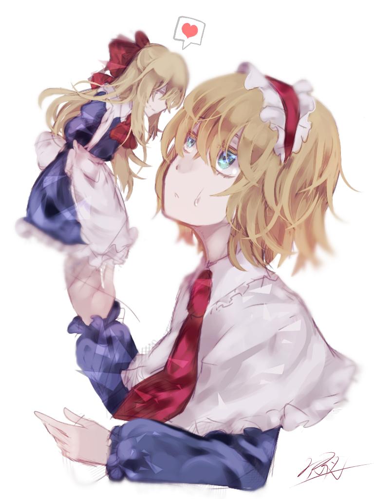 2girls alice_margatroid apron blonde_hair blue_eyes capelet closed_eyes colored_eyelashes doll floating hair_ribbon hairband heart long_hair looking_at_another multiple_girls neckerchief necktie ribbon shanghai_doll short_hair signature smile spoken_heart sweatdrop touhou upper_body white_background