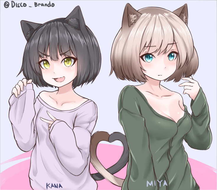 2girls :d animal_ears black_hair blonde_hair blue_eyes blush breasts brown_hair cat_ears character_name cleavage closed_mouth commentary disco_brando english_commentary eyebrows_visible_through_hair fang gradient_hair green_sweater hands_up heart_tail_duo long_sleeves multicolored_hair multiple_girls off_shoulder open_mouth original pink_sweater short_hair sleeves_past_wrists smile sweater v yellow_eyes