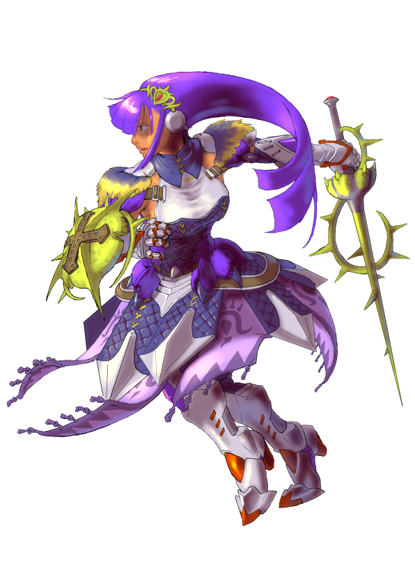 1girl armor armored_dress boots breasts capcom commentary_request crossover dark_skin full_body gauntlets high_heel_boots high_heels holding holding_weapon hudy8358 large_breasts layer long_hair mole mole_under_eye monster_hunter monster_hunter_xx open_mouth outstretched_arm purple_hair rapier rockman rockman_x rockman_x8 shield shoulder_pads sidelocks simple_background solo sword thorns weapon white_background