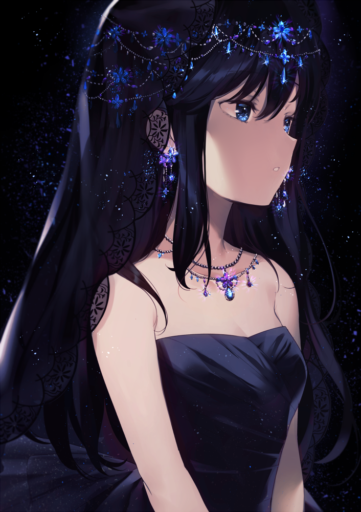 1girl achiki bangs black_dress black_hair blue_eyes dress earrings from_side hair_between_eyes jewelry long_hair looking_away looking_to_the_side necklace original parted_lips sidelocks solo upper_body veil