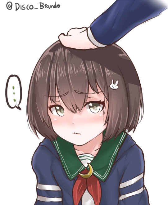 ... 1girl blush brown_hair bunny_hair_ornament closed_mouth cosplay crescent crescent_moon_pin disco_brando embarrassed green_eyes green_sailor_collar hair_ornament kantai_collection kono_bijutsubu_niwa_mondai_ga_aru! long_sleeves looking_at_viewer mutsuki_(kantai_collection) mutsuki_(kantai_collection)_(cosplay) neckerchief petting red_neckwear sailor_collar school_uniform serafuku short_hair simple_background solo_focus spoken_ellipsis usami_mizuki white_background