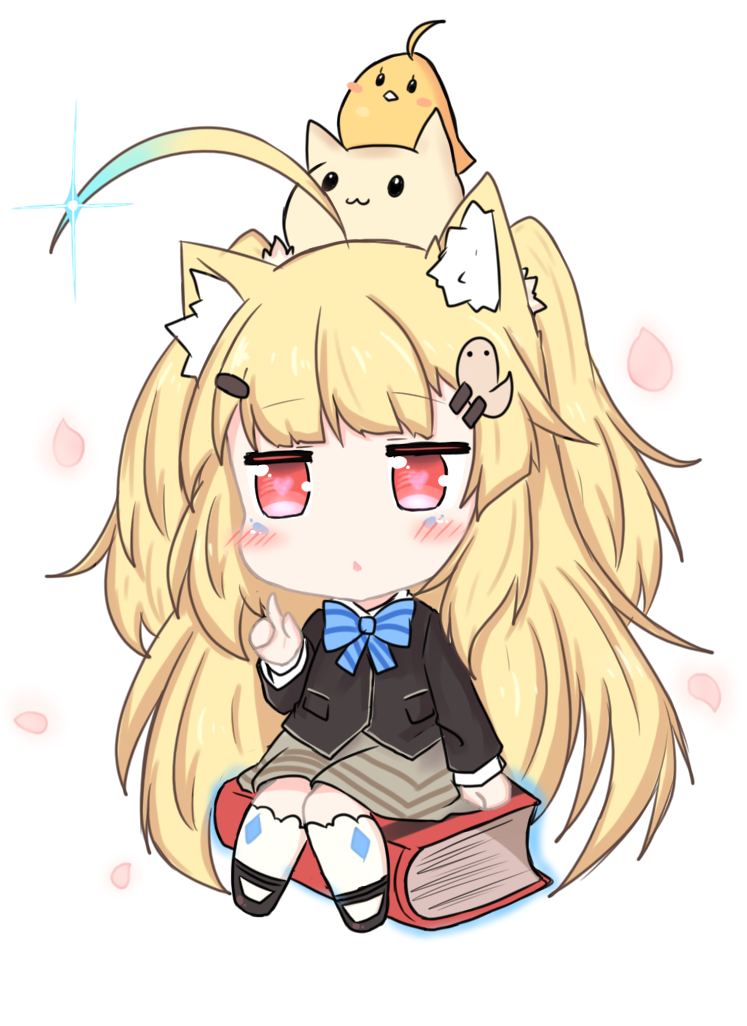 1girl :&lt; ahoge animal animal_ears animal_on_head azur_lane bailingxiao_jiu bangs bird black_blazer black_footwear blazer blonde_hair blue_hair blue_neckwear blush book bow bowtie brown_skirt cat cat_ears cat_on_head chibi eldridge_(azur_lane) eyebrows_visible_through_hair facial_hair gradient_hair hair_ornament hairclip index_finger_raised jacket kemonomimi_mode kneehighs long_hair long_sleeves looking_at_viewer multicolored_hair on_head parted_lips petals red_eyes shoes sitting skirt solo striped_neckwear triangle_mouth two_side_up very_long_hair white_background white_legwear