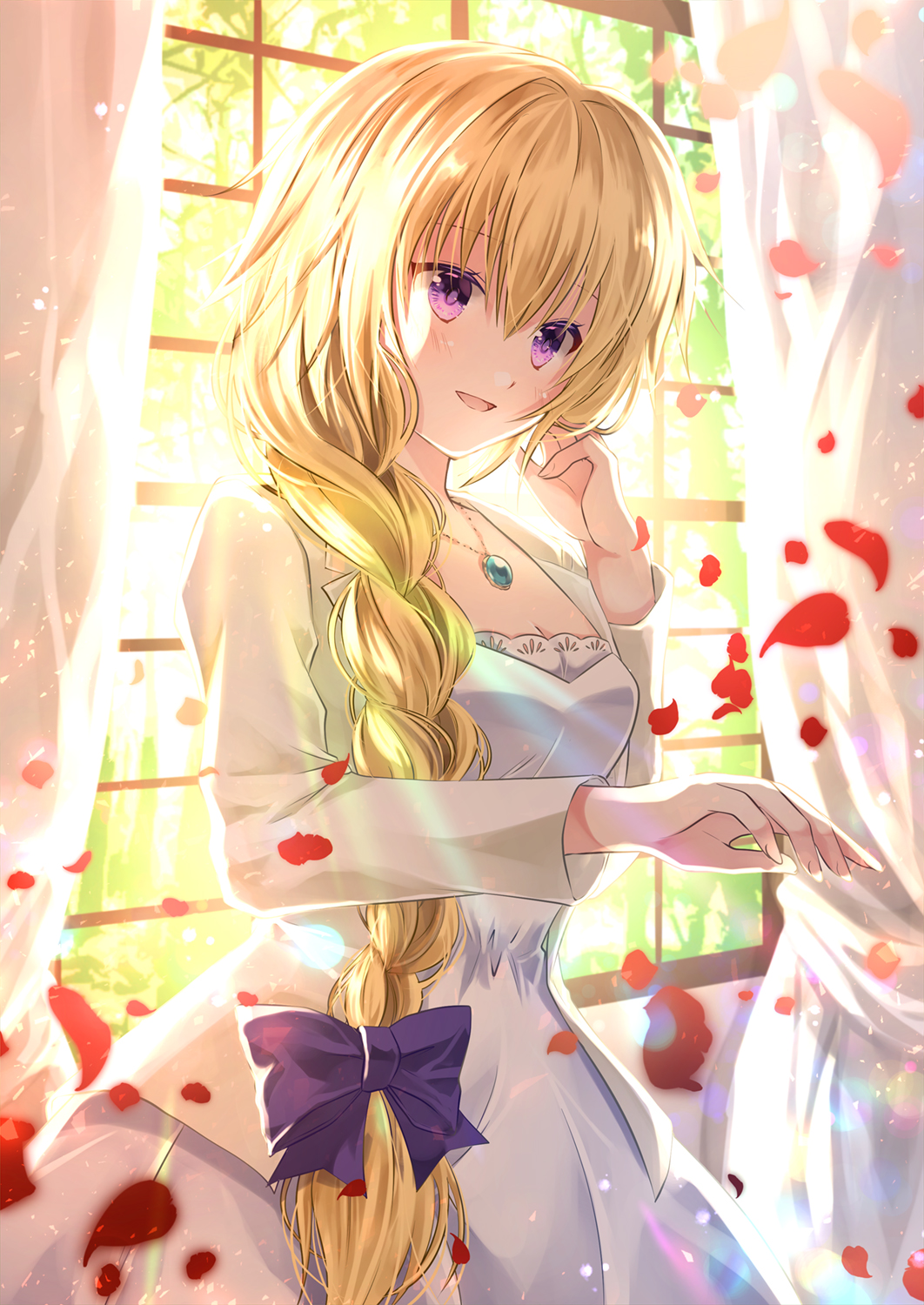 1girl backlighting blonde_hair blush bow braid breasts cleavage cowboy_shot curtains day dress eyebrows_visible_through_hair fate/apocrypha fate_(series) gem hair_bow hair_over_shoulder hand_up highres indoors iroha_(shiki) jacket jeanne_d'arc_(fate) jeanne_d'arc_(fate)_(all) jewelry lens_flare long_hair long_sleeves necklace open_clothes open_jacket pendant petals purple_bow reaching_out rose_petals shiny shiny_hair single_braid small_breasts solo standing sunlight very_long_hair violet_eyes white_dress white_jacket window