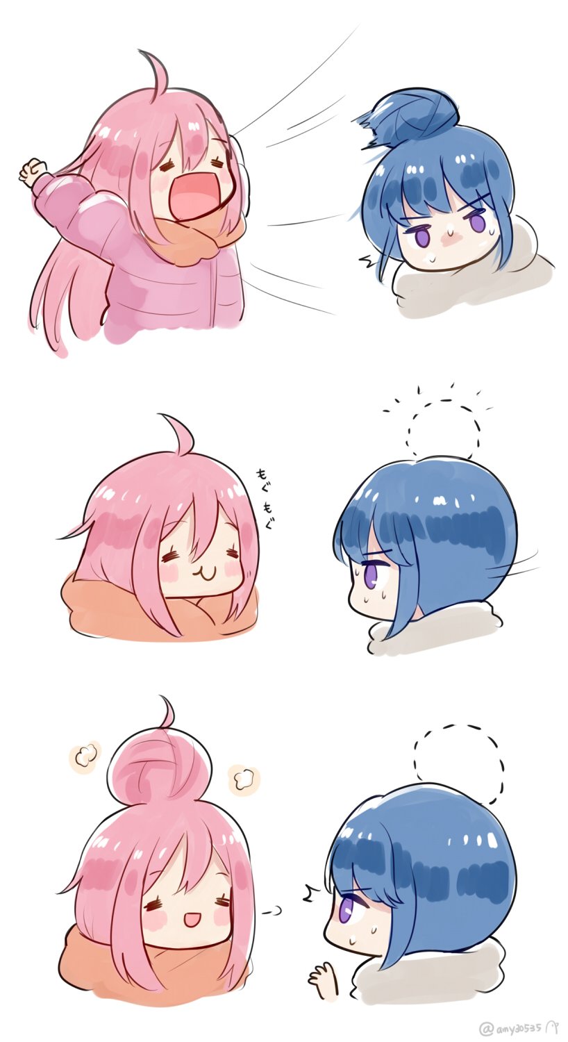 2girls :d :o ahoge amy30535 arms_up bangs blue_hair blush chibi closed_eyes coat comic dotted_line eyebrows_visible_through_hair grey_scarf hair_between_eyes hair_bun hand_up highres jitome kagamihara_nadeshiko kirby_(series) long_hair long_sleeves looking_at_another motion_lines multiple_girls no_mouth open_mouth orange_scarf outstretched_arms pink_coat pink_hair portrait scarf shima_rin sidelocks silent_comic simple_background smile swallowing sweatdrop transformation translation_request twitter_username upper_body violet_eyes white_background winter_clothes winter_coat yurucamp