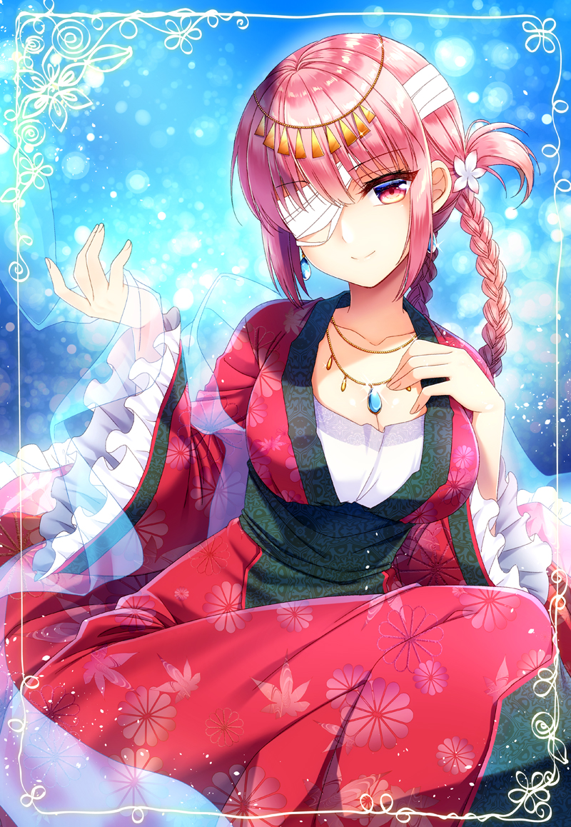 1girl aoshima_kanae bandage_over_one_eye bangs braid breasts cleavage closed_mouth collarbone commentary_request eyebrows_visible_through_hair fate/grand_order fate_(series) floral_print florence_nightingale_(fate/grand_order) hair_between_eyes hair_rings hand_on_own_chest hand_up japanese_clothes jewelry kimono long_sleeves looking_at_viewer medium_breasts pendant pink_hair print_kimono red_eyes red_kimono see-through single_braid smile solo wide_sleeves