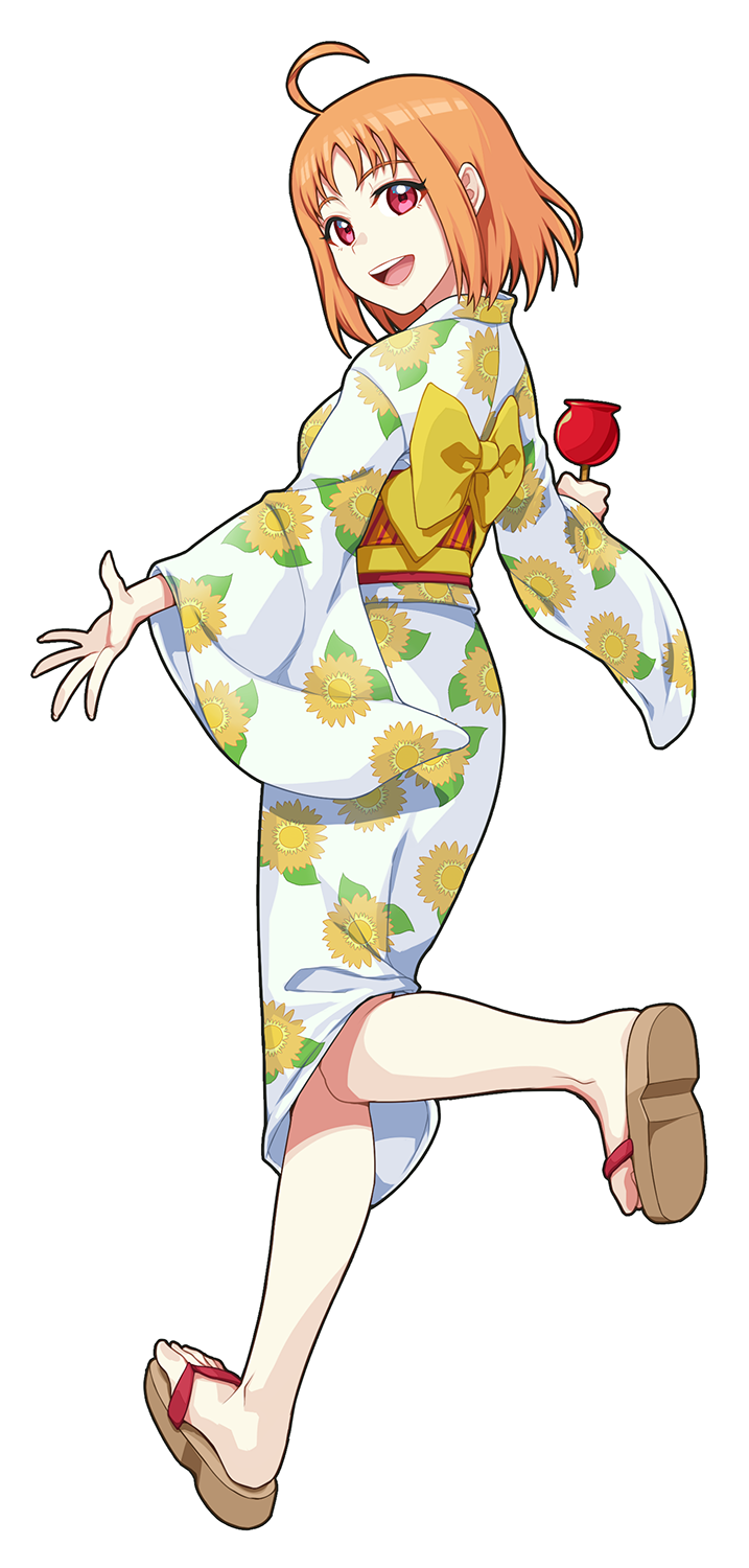 1girl :d ahoge bangs bow candy_apple chu_kai_man floral_print food full_body highres holding holding_food japanese_clothes kimono long_sleeves looking_at_viewer looking_back love_live! love_live!_sunshine!! obi open_mouth orange_hair outstretched_hand red_eyes sandals sash short_hair smile solo takami_chika transparent_background wide_sleeves yellow_bow