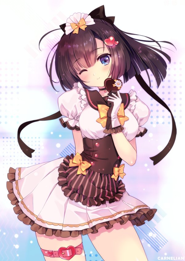 1girl akizuki_(kantai_collection) bangs blue_eyes blush breasts brown_hair carnelian choker closed_mouth eyebrows_visible_through_hair full_body hair_between_eyes heart holding kantai_collection long_hair long_sleeves looking_at_viewer medium_breasts one_eye_closed ponytail ribbon shirt simple_background smile solo standing