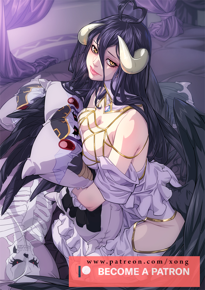 1girl ainz_ooal_gown albedo bed bed_sheet bedroom black_hair black_wings blanket body_pillow breast_press breasts curtains dakimakura_(object) demon_girl demon_horns demon_wings detached_collar dress feathered_wings feathers gloves hair_between_eyes hip_vent horns indoors jewelry large_breasts low_wings necklace object_hug on_bed overlord_(maruyama) pillow pillow_hug skeleton slit_pupils white_dress white_gloves wings xong yellow_eyes