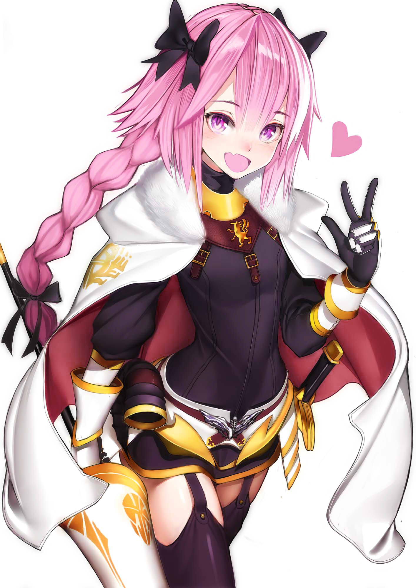 1boy astolfo_(fate) bangs black_bow blush bow braid cape commentary_request emokakimasu eyebrows_visible_through_hair fang fate/grand_order fate_(series) garter_straps hair_between_eyes hair_intakes hair_ribbon highres lance looking_at_viewer male_focus multicolored_hair nose_blush open_mouth pink_hair polearm ribbon single_braid streaked_hair sword trap v violet_eyes weapon