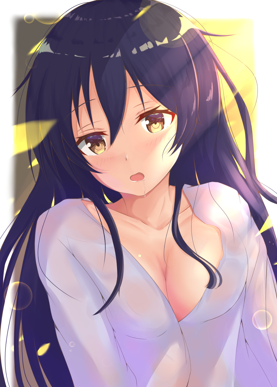 1girl amakawa_ruka bangs blue_hair blush breasts cleavage commentary_request drooling eyebrows_visible_through_hair hair_between_eyes highres long_hair looking_at_viewer love_live! love_live!_school_idol_project messy_hair open_mouth saliva shirt sleepy small_breasts solo sonoda_umi upper_body yellow_eyes