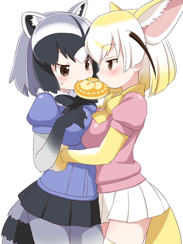 2girls animal_ears arm_around_waist blonde_hair blue_hair bow bowtie commentary_request common_raccoon_(kemono_friends) eating elbow_gloves fennec_(kemono_friends) food fox_ears fox_tail fur_collar fur_trim gloves grey_hair japari_bun kemono_friends multicolored_hair multiple_girls pantyhose pleated_skirt puffy_short_sleeves puffy_sleeves raccoon_ears raccoon_tail short_hair short_sleeves skirt tail thigh-highs umi_no_tarako white_hair