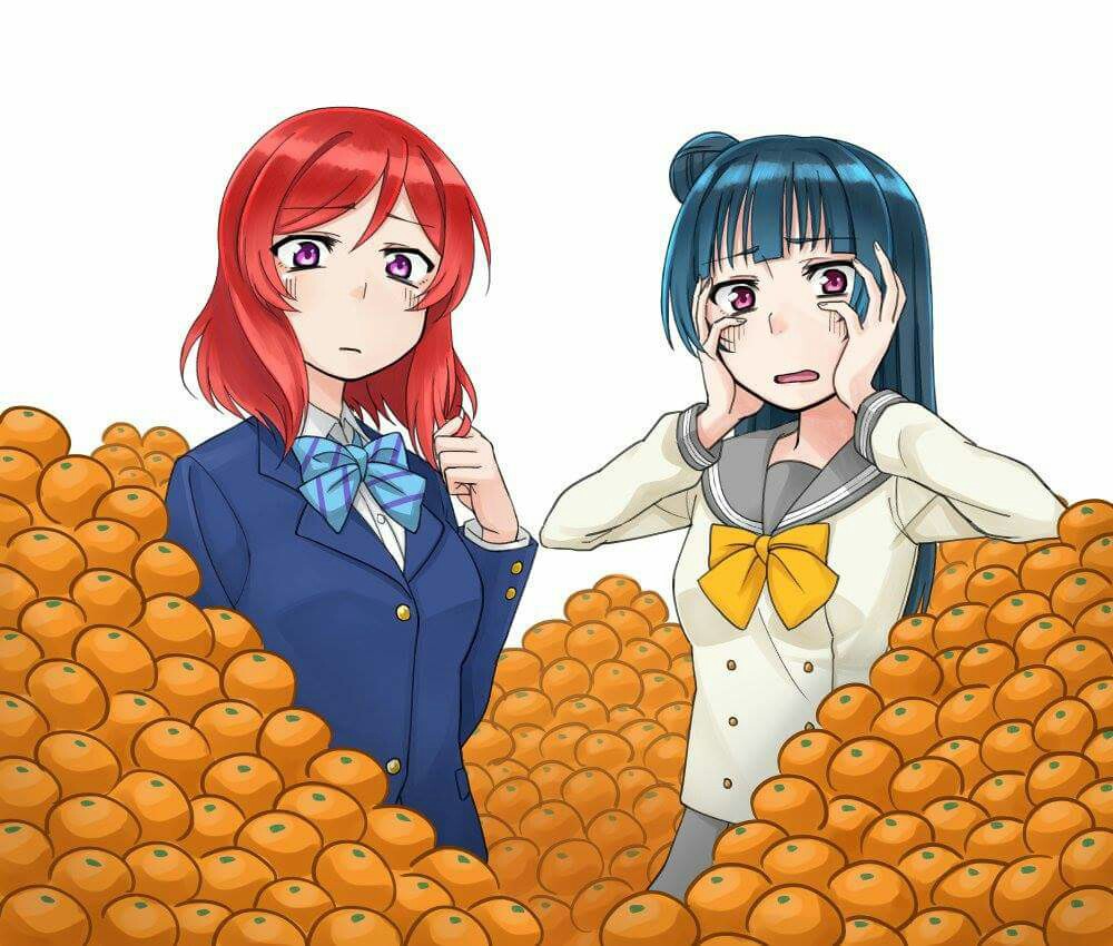 2girls artist_request despair food fruit love_live! love_live!_school_idol_project love_live!_sunshine!! multiple_girls nishikino_maki orange tsushima_yoshiko