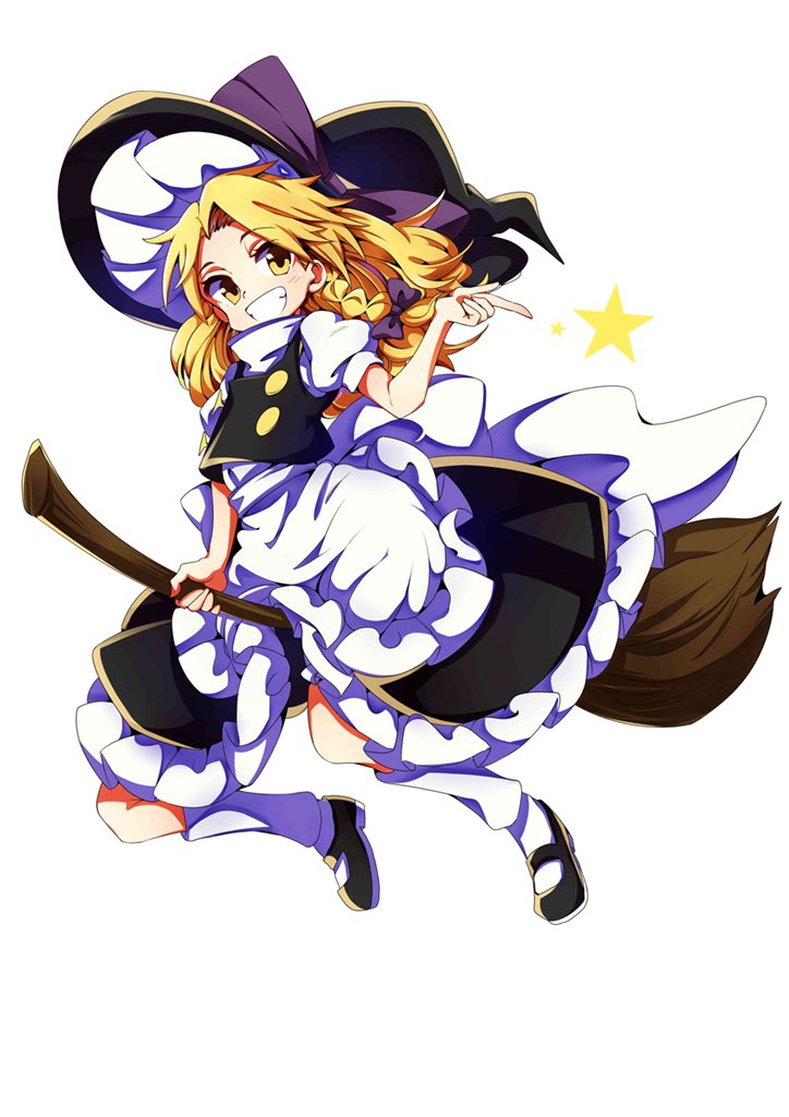 1girl apron baba_(baba_seimaijo) black_dress black_footwear blonde_hair bow braid broom broom_riding buttons dress frilled_dress frills full_body hat hat_bow kirisame_marisa mary_janes puffy_sleeves shoes short_sleeves side_braid single_braid socks solo touhou waist_apron white_background white_legwear witch_hat yellow_eyes