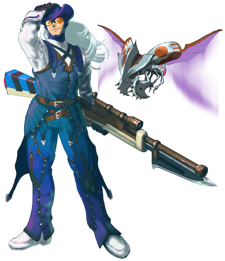 bayonet belt capcom commentary_request crossover drone dynamo full_body gloves goggles gun hand_on_headwear hand_on_own_head hat headgear holding holding_weapon hudy8358 insect_wings legs_apart long_hair male_focus monster_hunter monster_hunter_xx multiple_belts rifle rockman rockman_x shoes silver_hair simple_background smile solo standing weapon white_background white_footwear wings