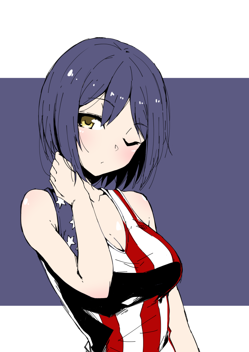 1girl ;/ american_flag american_flag_print bangs bare_arms bare_shoulders blush breasts cleavage closed_mouth collarbone eyebrows_visible_through_hair flag_print hand_on_own_neck hand_up kaname_nagi looking_at_viewer medium_breasts nijisanji one_eye_closed purple_hair shizuka_rin short_hair sketch solo tank_top two-tone_background upper_body virtual_youtuber yellow_eyes