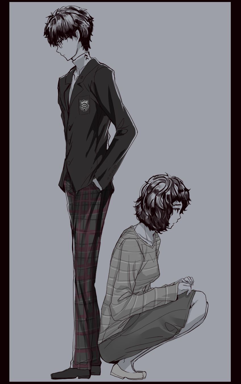 1boy 1girl amamiya_ren black_border border closed_mouth emblem expressionless full_body gakuran glasses grey_background hands_in_pockets highres kawakami_sadayo long_sleeves medium_skirt muted_color no_socks pants persona persona_5 plaid plaid_pants profile school_uniform shirt shoes short_hair simple_background squatting standing striped striped_shirt turtleneck yaoto