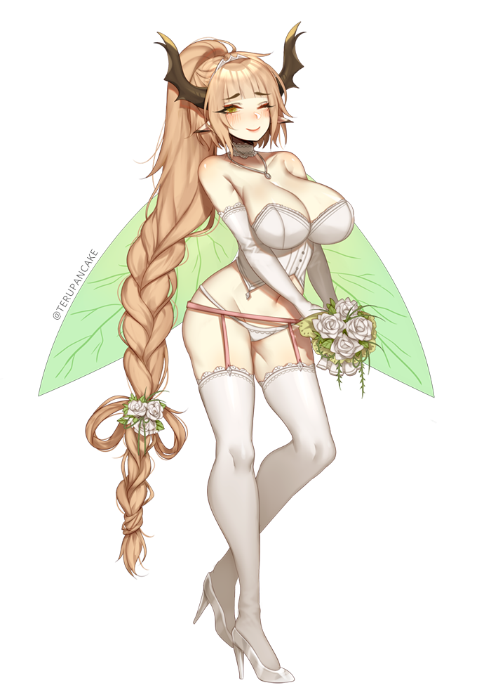 1girl ;) artist_name bangs bare_shoulders blunt_bangs blush bouquet braid breasts choker commentary diadem elbow_gloves english_commentary eyebrows_visible_through_hair flower full_body garter_belt gloves hair_flower hair_ornament high_heels holding holding_bouquet horns insect_wings jewelry large_breasts light_brown_hair long_hair looking_at_viewer navel necklace one_eye_closed original panties ponytail shoes simple_background smile solo teru_(renkyu) thigh-highs twitter_username underwear very_long_hair white_background white_choker white_flower white_footwear white_gloves white_legwear white_panties wings