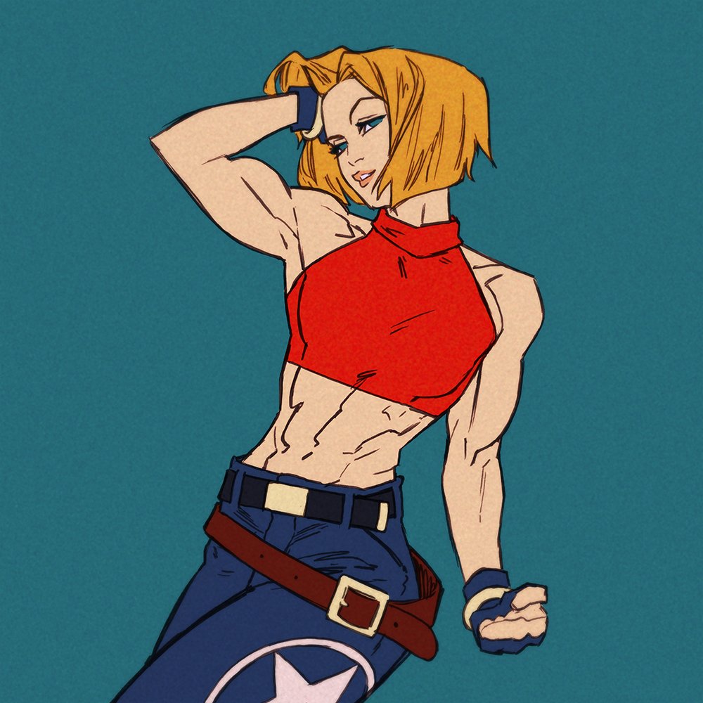 1girl abs baggy_pants bare_shoulders belt biceps blonde_hair blue_background blue_eyes blue_mary bob_cut bracelet cowboy_shot crop_top fatal_fury fingerless_gloves gloves hand_in_hair jewelry kris_anka looking_at_viewer midriff multiple_belts muscle muscular_female pants short_hair solo the_king_of_fighters toned