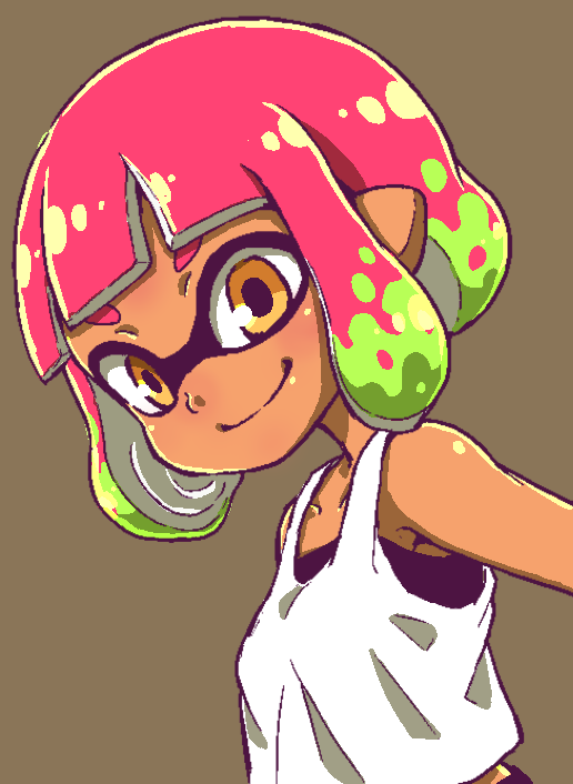 1girl bangs bare_shoulders blunt_bangs breasts brown_background closed_mouth collarbone dark_skin domino_mask eyebrows green_hair inkling mask multicolored_hair nazonazo_(nazonazot) orange_eyes pink_hair pointy_ears shirt short_hair simple_background small_breasts smile solo splatoon splatoon_2 suction_cups tank_top tentacle_hair two-tone_hair white_shirt