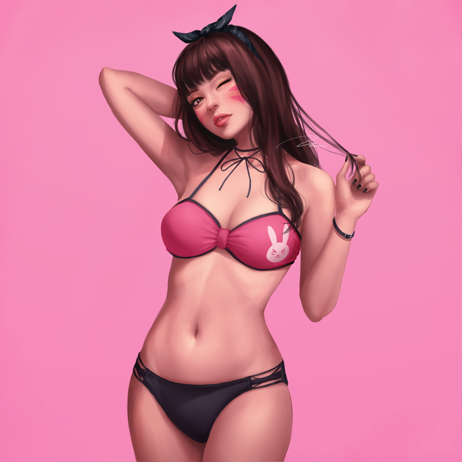 1girl arm_behind_head arm_up armpits bangs bare_arms bare_shoulders black_bow black_hairband black_nails black_panties bow bra breasts brown_eyes brown_hair cleavage collarbone cowboy_shot d.va_(overwatch) facial_mark groin hair_bow hairband halter_top halterneck hand_up head_tilt holding holding_hair lips long_hair looking_at_viewer medium_breasts nail_polish navel nose one_eye_closed overwatch panties parted_lips pink_background pink_bra print_bra signature simple_background solo standing stomach umigraphics underwear underwear_only whisker_markings wristband