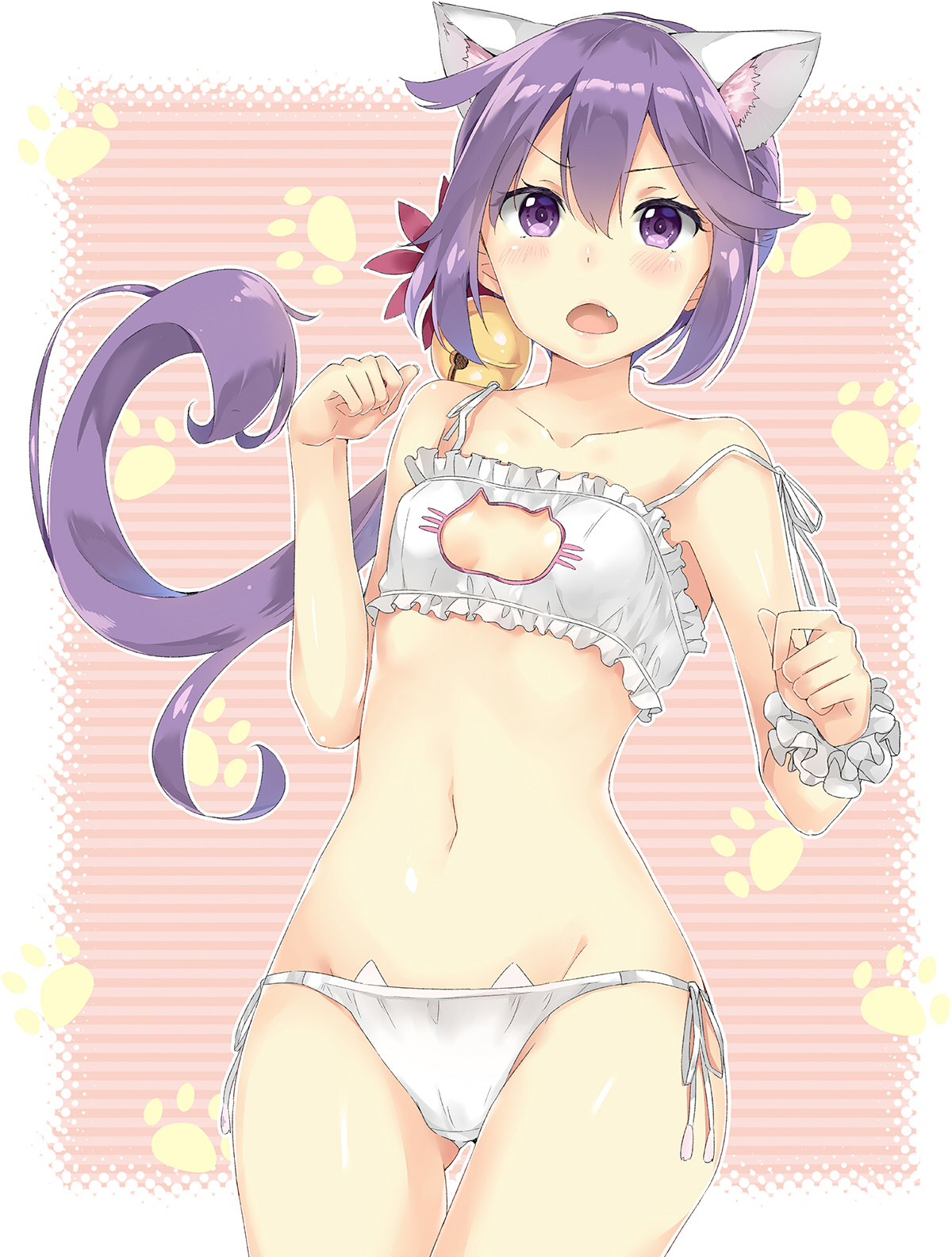 1girl akebono_(kantai_collection) animal_ears bangs bell blush bra breasts cat_cutout cat_ear_panties cat_ears cat_lingerie cleavage_cutout commentary_request cowboy_shot crotch_seam eyebrows_visible_through_hair fang flower frilled_bra frills frown gluteal_fold hair_bell hair_flower hair_ornament highres jingle_bell kantai_collection long_hair looking_at_viewer meme_attire navel nishimi_shin open_mouth panties paw_print purple_hair side-tie_panties side_ponytail small_breasts solo standing strap_slip striped striped_background thigh_gap underwear underwear_only v-shaped_eyebrows violet_eyes white_bra white_panties wristband