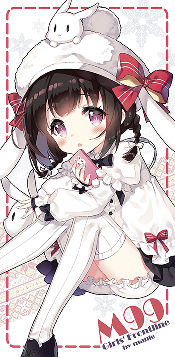 1girl animal animal_ears animal_hat artist_name bangs black_footwear black_hair black_skirt bloomers blush bow braid bunny_hat cellphone character_name commentary copyright_name eyebrows_visible_through_hair girls_frontline hat hat_bow holding holding_cellphone holding_phone long_hair long_sleeves looking_at_viewer m99_(girls_frontline) manle parted_lips phone puffy_long_sleeves puffy_short_sleeves puffy_sleeves rabbit rabbit_ears red_bow shirt shoes short_over_long_sleeves short_sleeves skirt smartphone solo striped striped_bow thigh-highs twin_braids underwear upper_teeth violet_eyes white_bloomers white_hat white_legwear white_shirt