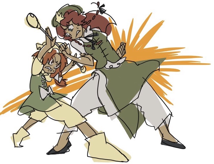 2girls clenched_teeth d-nobi fighting green_eyes green_hat green_vest hat holding holding_staff hong_meiling looking_at_another multiple_girls orange_(touhou) orange_eyes orange_hair redhead short_sleeves sketch staff star sweat teeth touhou touhou_(pc-98) vest yellow_hat