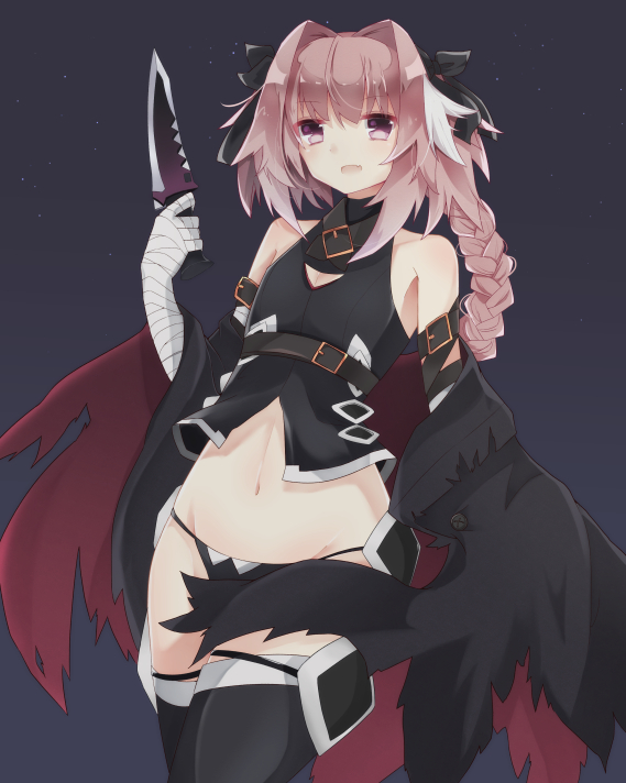 1boy :d arm_belt astolfo_(fate) bandage bandaged_arm bandaged_hands bangs bare_shoulders black_bow black_choker black_legwear black_panties black_shirt blush bow braid buckle chieezuik choker cleavage_cutout commentary_request cosplay cowboy_shot crossdressinging dagger dot_nose eyebrows_visible_through_hair fang fate/apocrypha fate_(series) hair_bow hair_intakes hand_up holding holding_dagger holding_weapon jack_the_ripper_(fate/apocrypha) jack_the_ripper_(fate/apocrypha)_(cosplay) long_hair looking_at_viewer lowleg lowleg_panties male_focus multicolored_hair navel night night_sky open_mouth panties pink_hair shirt single_braid sky sleeveless sleeveless_shirt smile solo star_(sky) starry_sky stomach streaked_hair thigh-highs torn_clothes trap turtleneck two-tone_hair underwear v-shaped_eyebrows violet_eyes walking weapon white_hair