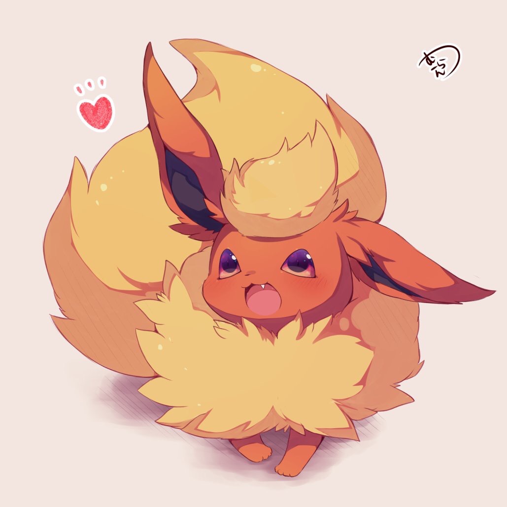 :3 :d blush commentary_request fang flareon full_body gen_1_pokemon heart muuran no_humans open_mouth pokemon pokemon_(creature) red_eyes signature smile solo