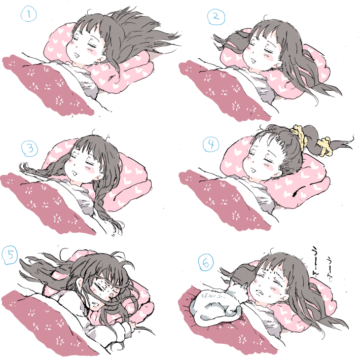 1girl black_hair blush braid cat closed_eyes commentary_request drooling futon gomennasai hair_spread_out long_hair multiple_views numbered_panels original pillow simple_background sleeping sweat twin_braids white_background