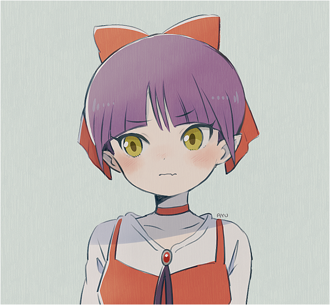 1girl ayu_(mog) bangs black_border blunt_bangs blush border choker dress eyebrows_visible_through_hair gegege_no_kitarou green_background green_eyes long_sleeves nekomusume purple_hair red_choker red_dress shirt short_hair signature solo upper_body white_shirt