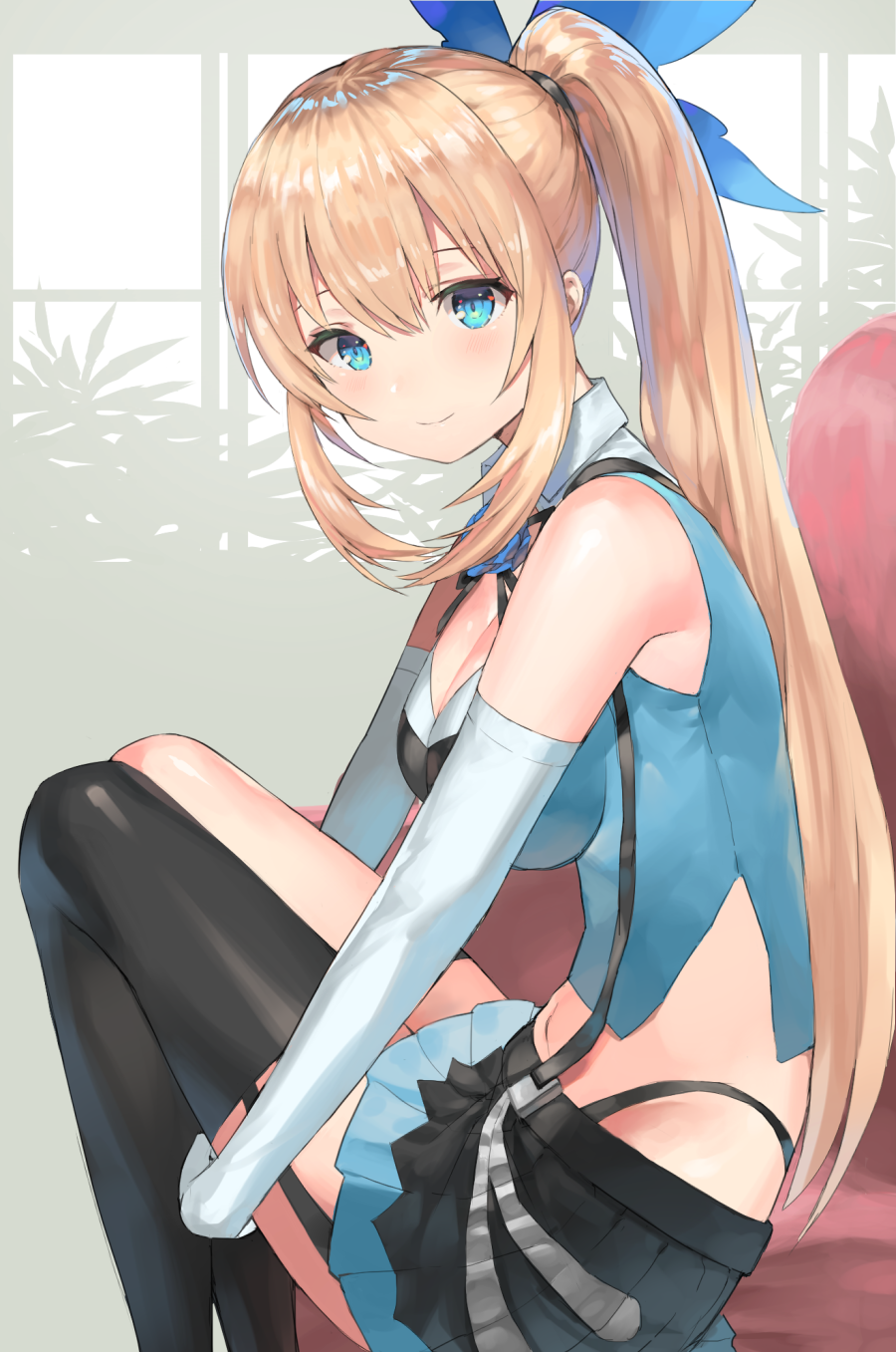 1girl asymmetrical_legwear bangs bare_shoulders black_legwear black_skirt blonde_hair blue_eyes blue_flower blue_ribbon blue_rose blue_shirt blush breasts cleavage closed_mouth collared_shirt commentary_request elbow_gloves flower gloves hair_between_eyes hair_ribbon highres hinako_(anzu15) kneehighs large_breasts long_hair looking_at_viewer looking_to_the_side midriff mirai_akari mirai_akari_project navel pleated_skirt ribbon rose shirt sidelocks single_kneehigh single_thighhigh sitting skirt sleeveless sleeveless_shirt smile solo thigh-highs very_long_hair virtual_youtuber white_gloves