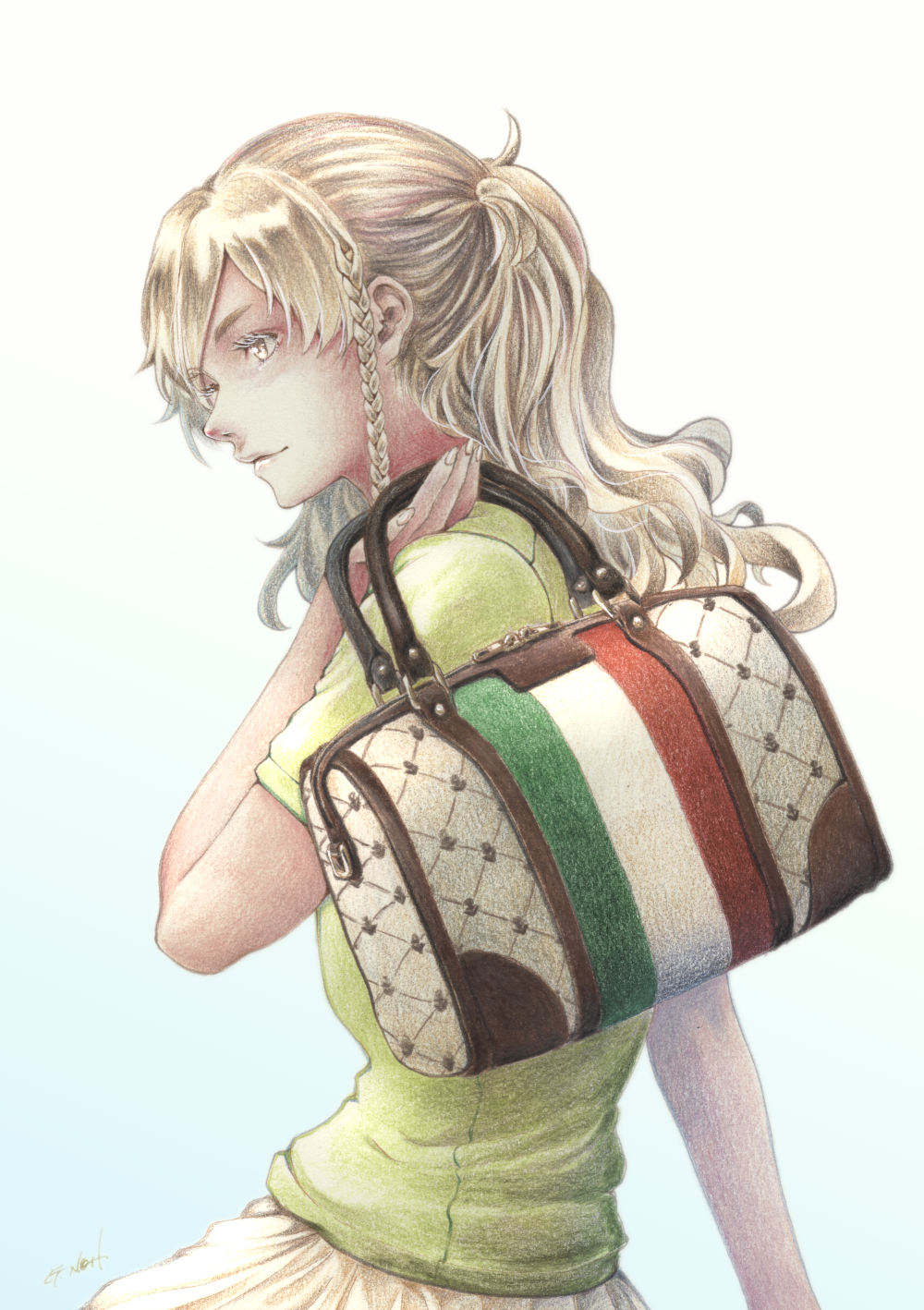 1girl alternate_costume blonde_hair braid breasts brown_eyes casual from_side gradient gradient_background green_shirt hair_between_eyes highres holding_bag italian_flag kantai_collection large_breasts long_hair looking_afar millipen_(medium) parted_lips shirt short_sleeves side_braid signature simple_background skirt smile solo tesun_(g_noh) traditional_media watercolor_pencil_(medium) wavy_hair zara_(kantai_collection)