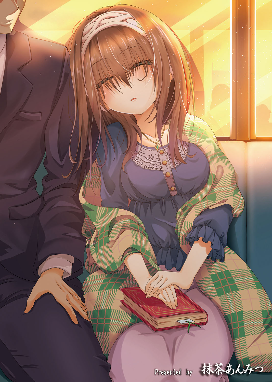 0141zucker 1boy 1girl black_hair blue_eyes book breasts closed_eyes formal ground_vehicle hairband highres holding holding_book idolmaster idolmaster_cinderella_girls jewelry large_breasts leaning_on_person long_hair necklace open_mouth pendant sagisawa_fumika shawl sleeping suit sunset sweater train