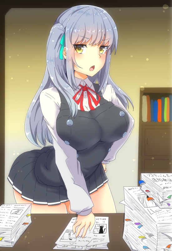 1girl alternate_breast_size belt black_ribbon book bookshelf breasts buttons desk dress grey_hair hair_ribbon i_b_b_e kantai_collection kasumi_(kantai_collection) large_breasts long_hair long_sleeves neck_ribbon older papers pinafore_dress red_ribbon remodel_(kantai_collection) ribbon school_uniform shirt side_ponytail sleeveless sleeveless_dress white_shirt yellow_eyes